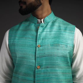 Green - vidarbha tussar x ghicha silk handloom nehru jacket