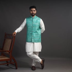 Green - vidarbha tussar x ghicha silk handloom nehru jacket