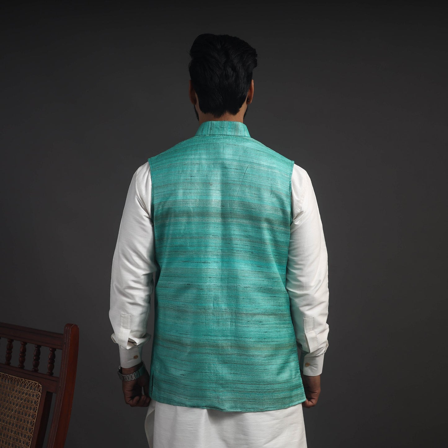 Green - vidarbha tussar x ghicha silk handloom nehru jacket