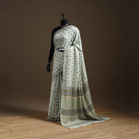 Green - hand merino wool sanganeri saree 05 - handcrafted