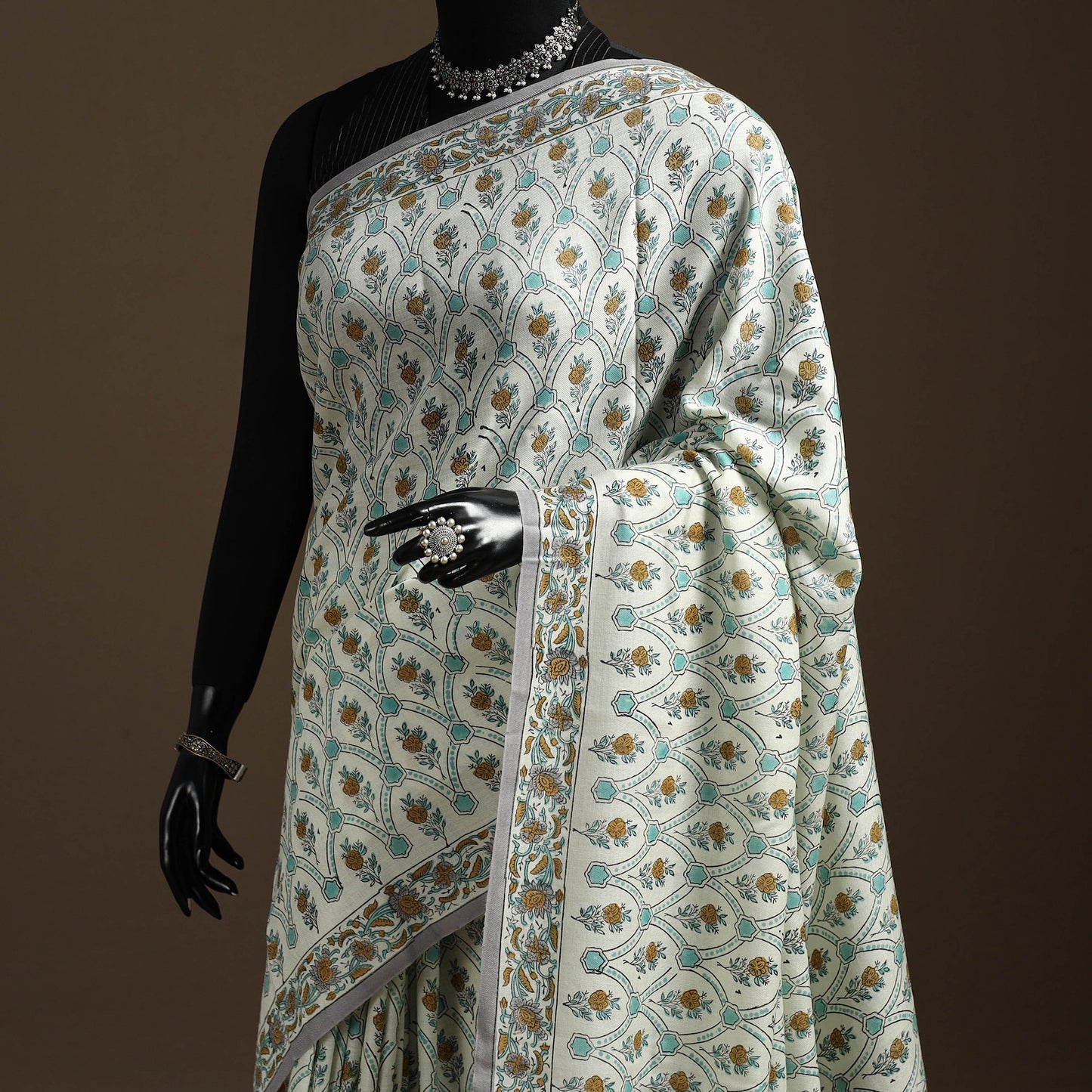 Green - hand merino wool sanganeri saree 05 - handcrafted