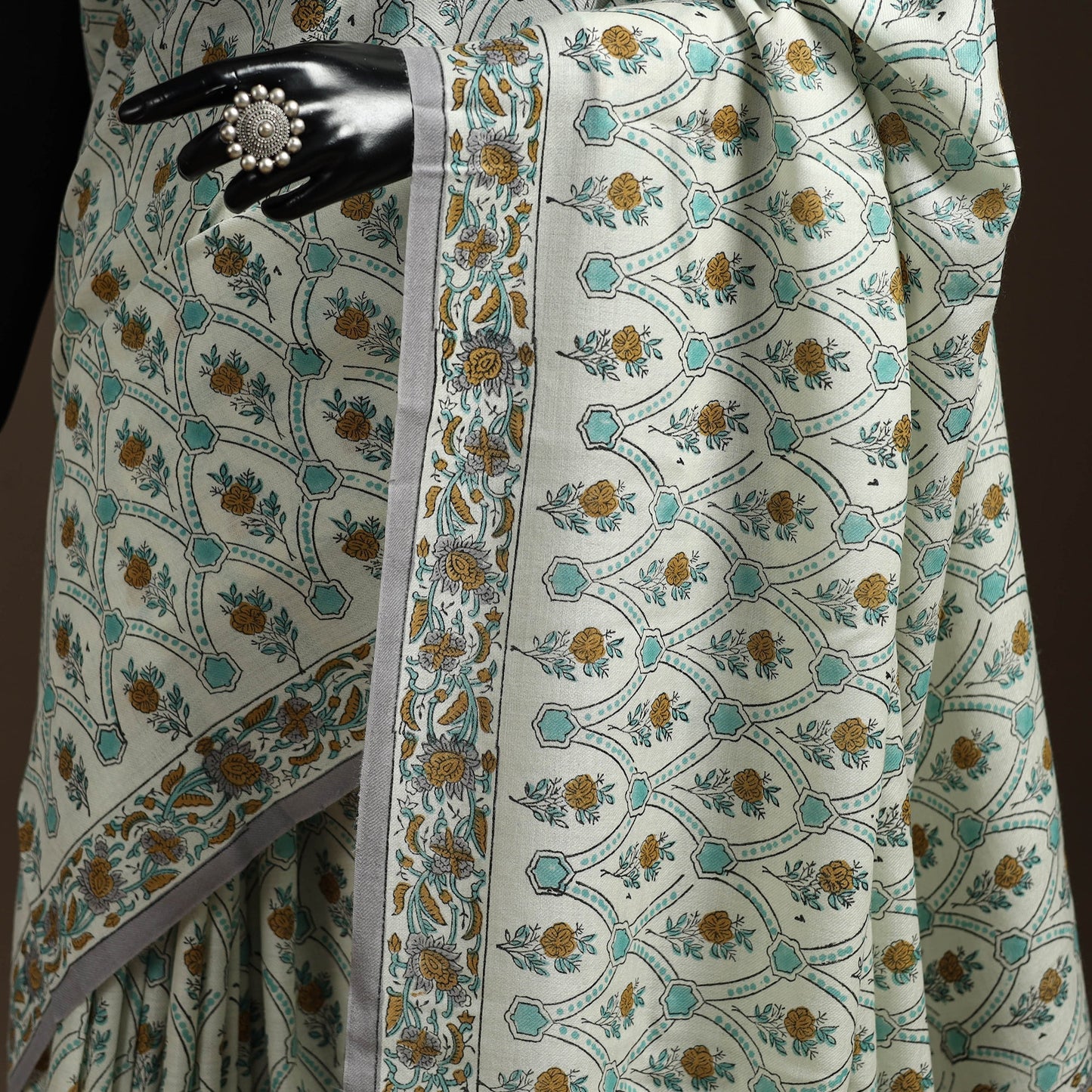 Green - hand merino wool sanganeri saree 05 - handcrafted