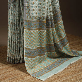 Green - hand merino wool sanganeri saree 05 - handcrafted