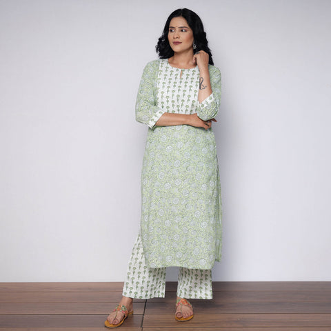 Buy Sanganeri Hand Block Printed Cotton Long Kurta with Palazzo Set Online l iTokri.com