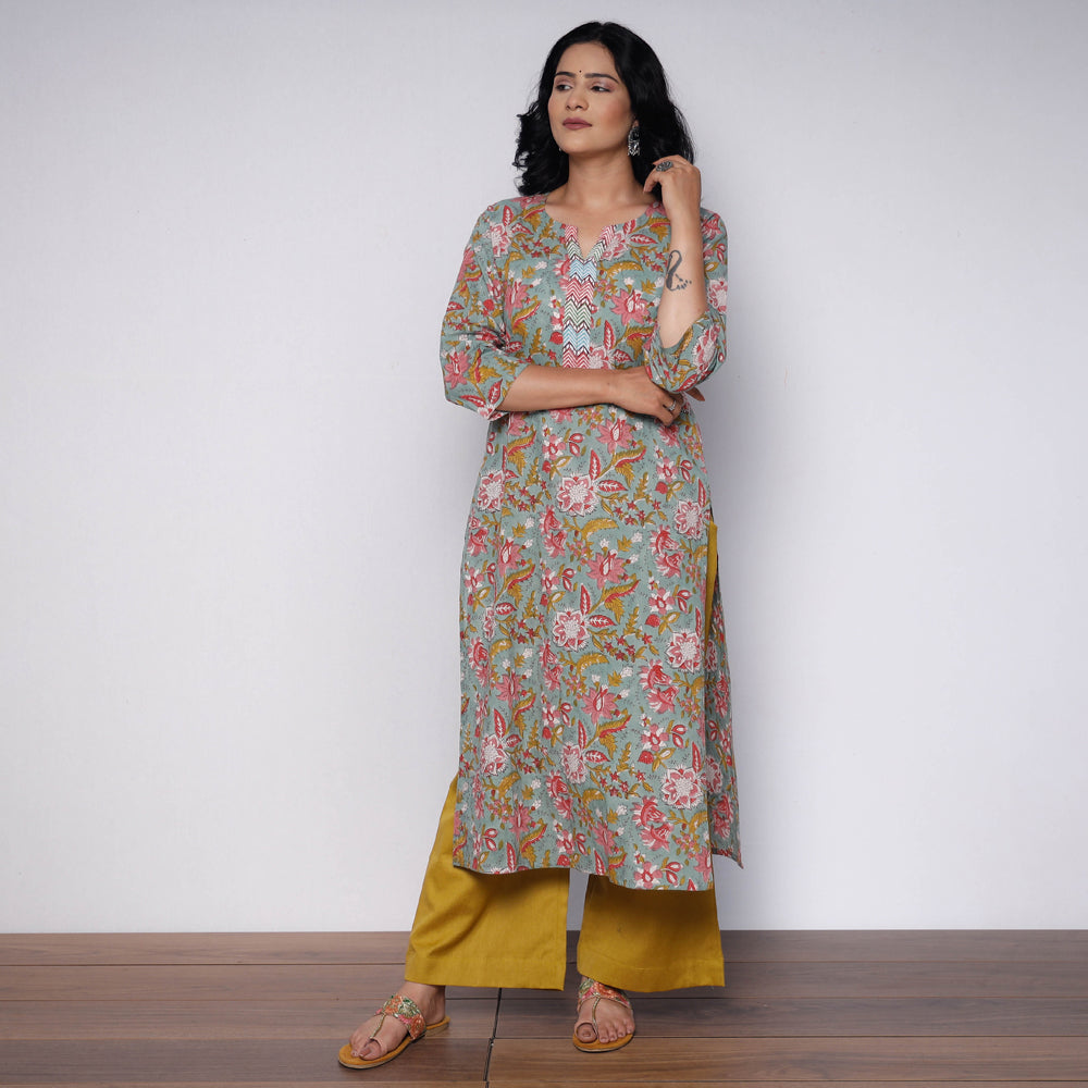  Sanganeri Hand Block Printed Cotton Long Kurta with Palazzo Set Online l iTokri.com