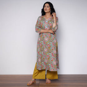  Sanganeri Hand Block Printed Cotton Long Kurta with Palazzo Set Online l iTokri.com