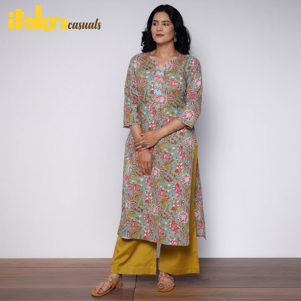  Sanganeri Hand Block Printed Cotton Long Kurta with Palazzo Set Online l iTokri.com