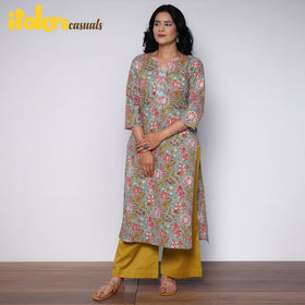  Sanganeri Hand Block Printed Cotton Long Kurta with Palazzo Set Online l iTokri.com
