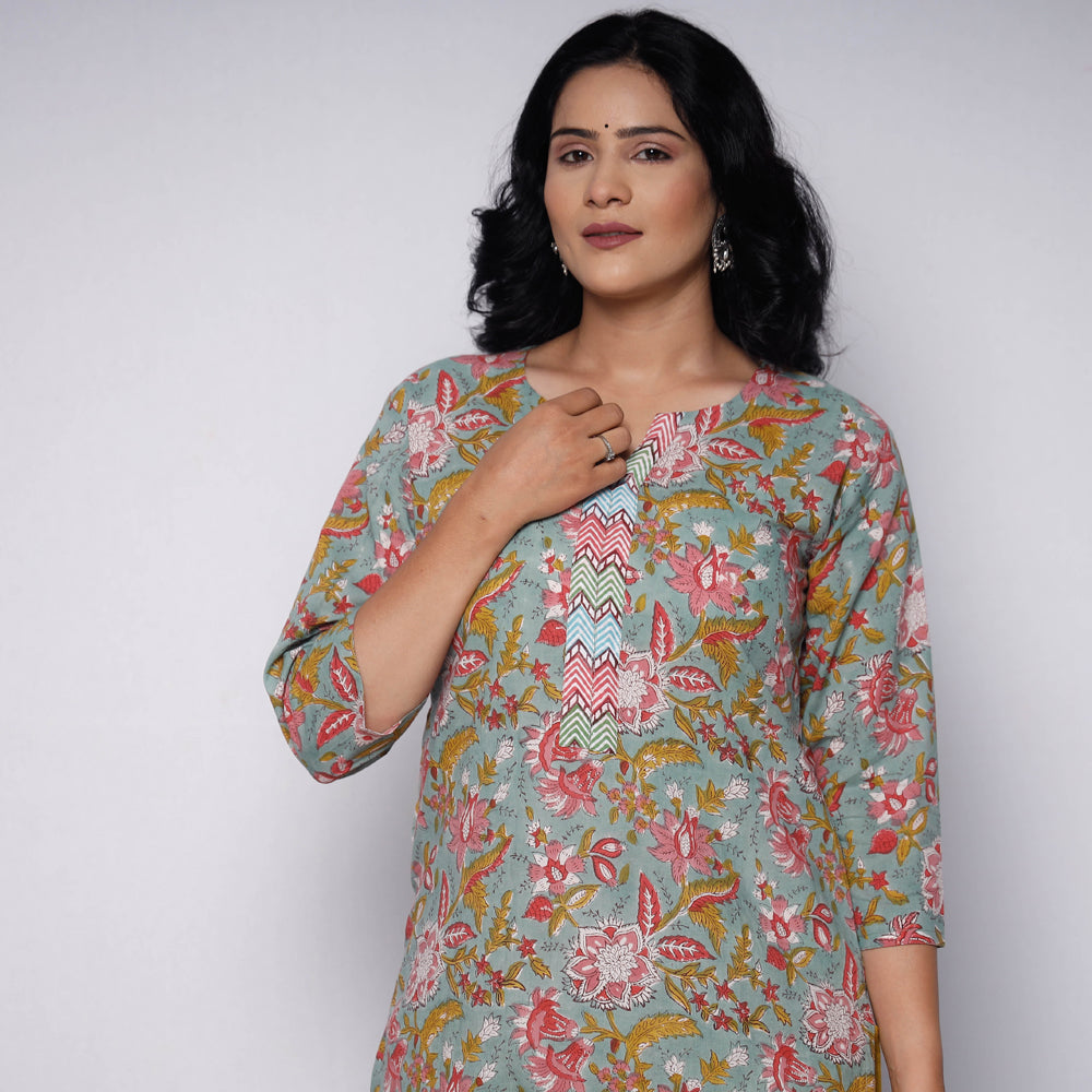  Sanganeri Hand Block Printed Cotton Long Kurta with Palazzo Set Online l iTokri.com