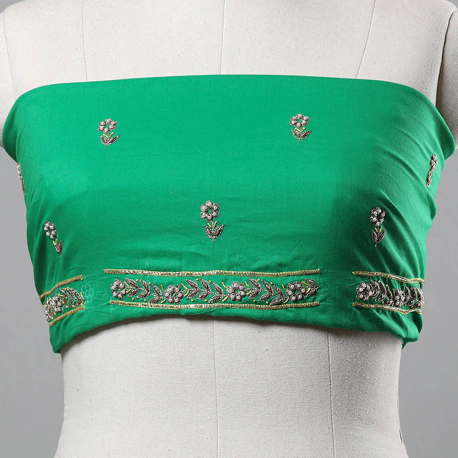 Green - zardozi hand embroidery cotton plain blouse piece