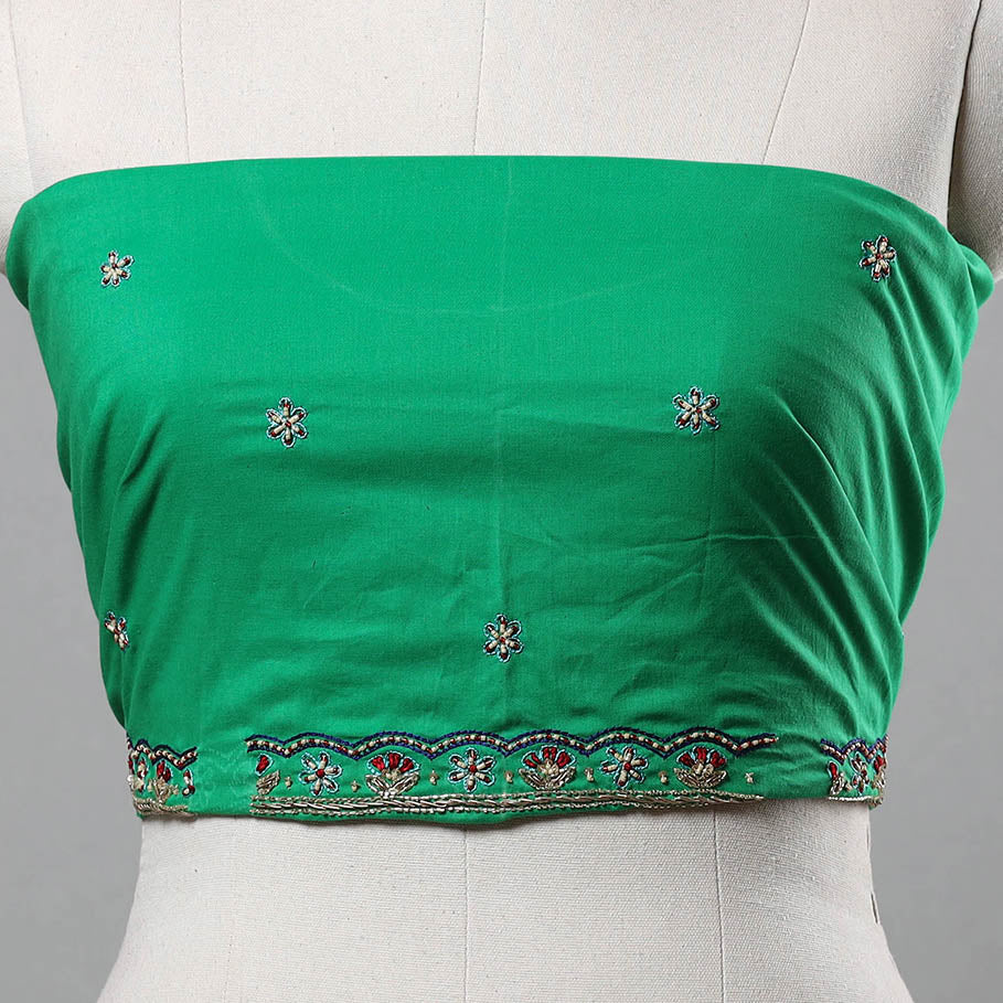 Green Zardozi Hand Embroidery Cotton Plain Blouse Piece