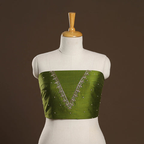 Green - zardozi hand embroidery slub silk plain blouse