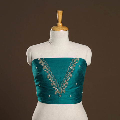 Green - zardozi hand embroidery slub silk plain blouse