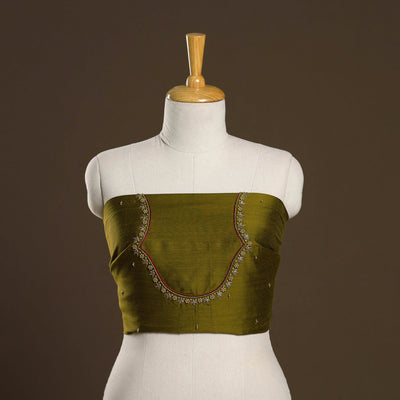 Green - zardozi hand embroidery slub silk plain blouse