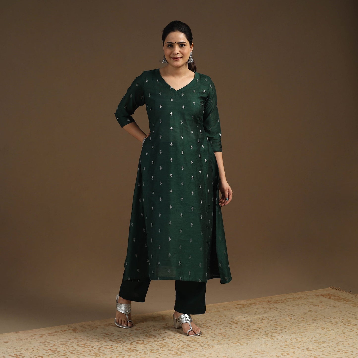 Green Zari Buti A-Line Spun Dupion Silk Kurta for Women