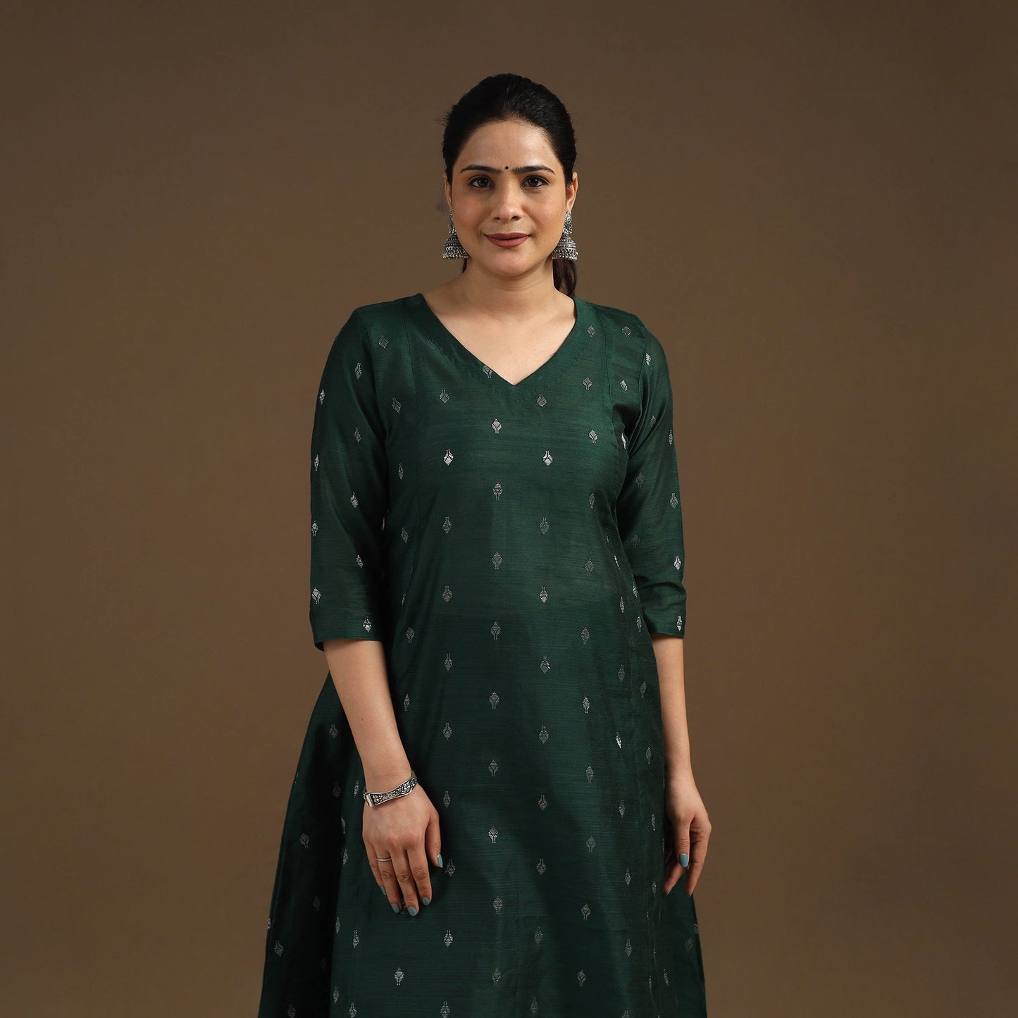 Green Zari Buti A-Line Spun Dupion Silk Kurta for Women