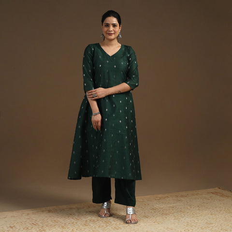 Green Zari Buti A-Line Spun Dupion Silk Kurta for Women