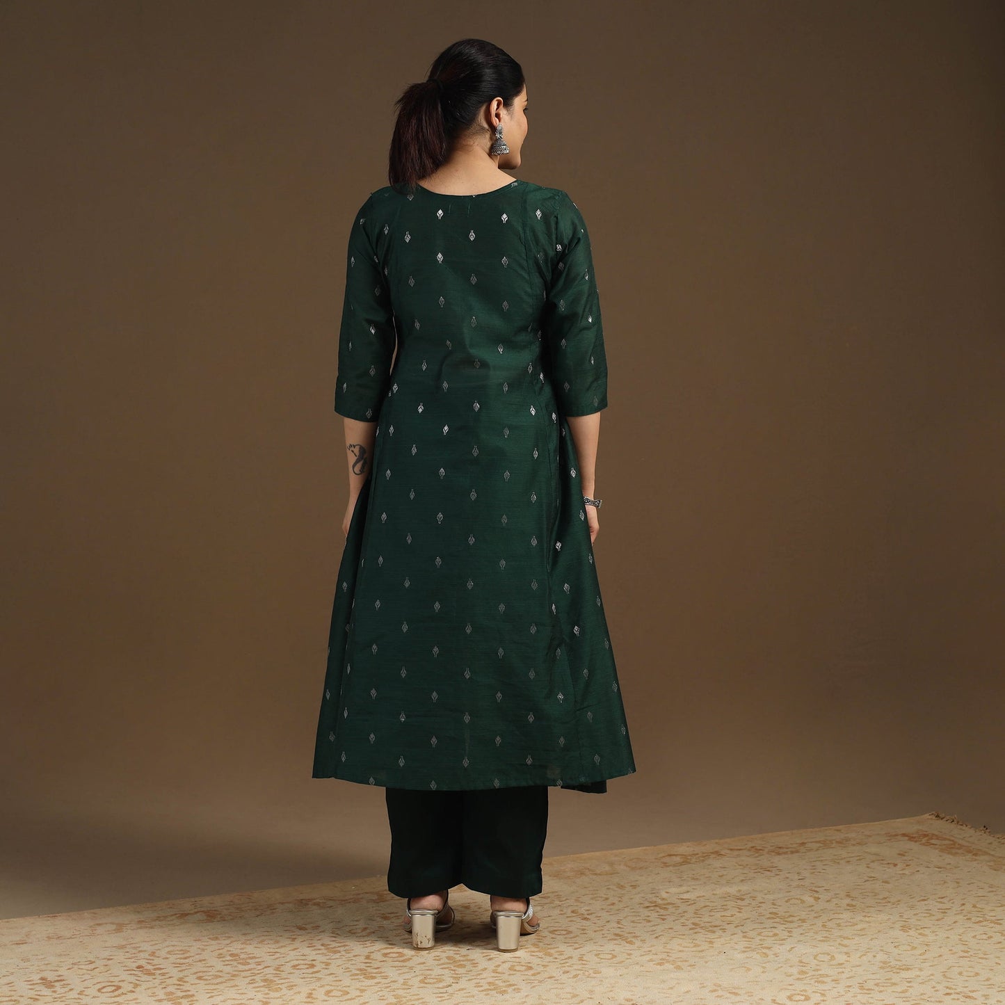 Green Zari Buti A-Line Spun Dupion Silk Kurta for Women