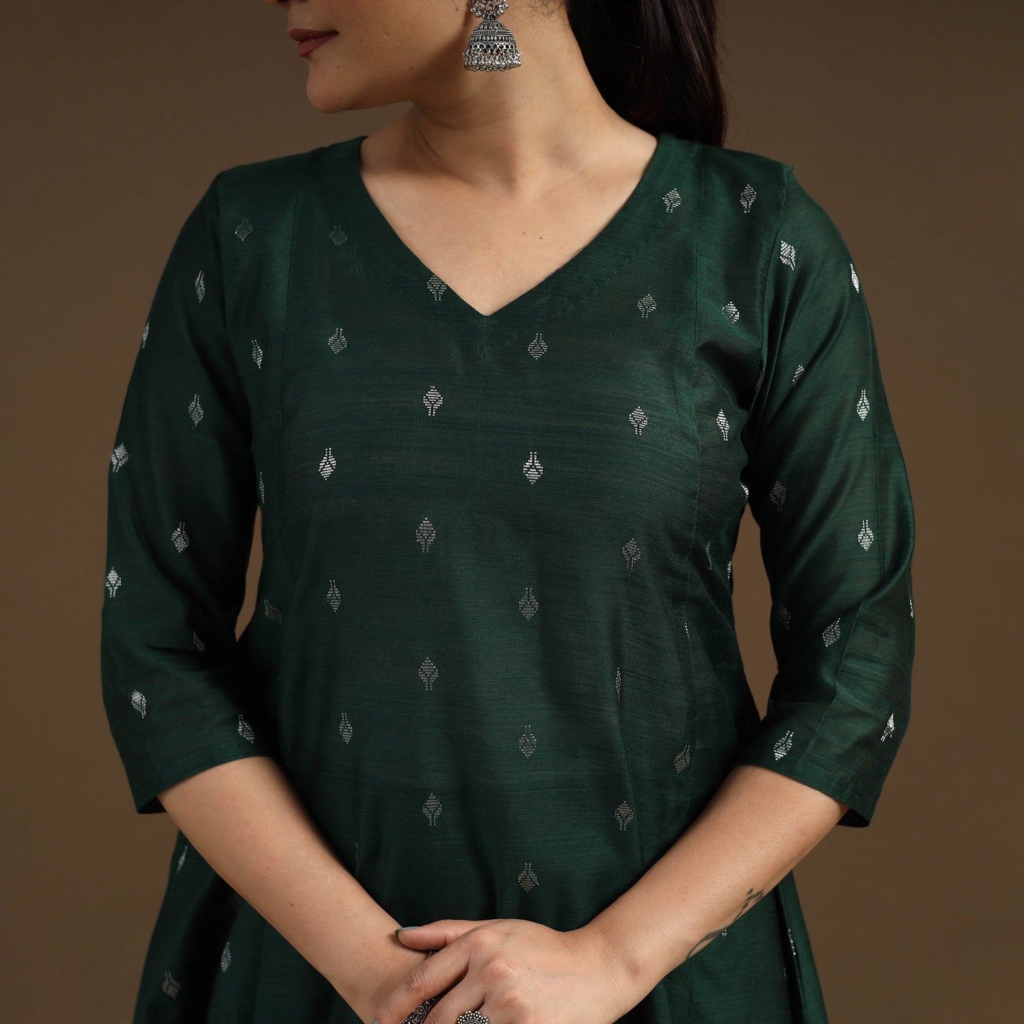 Green Zari Buti A-Line Spun Dupion Silk Kurta for Women