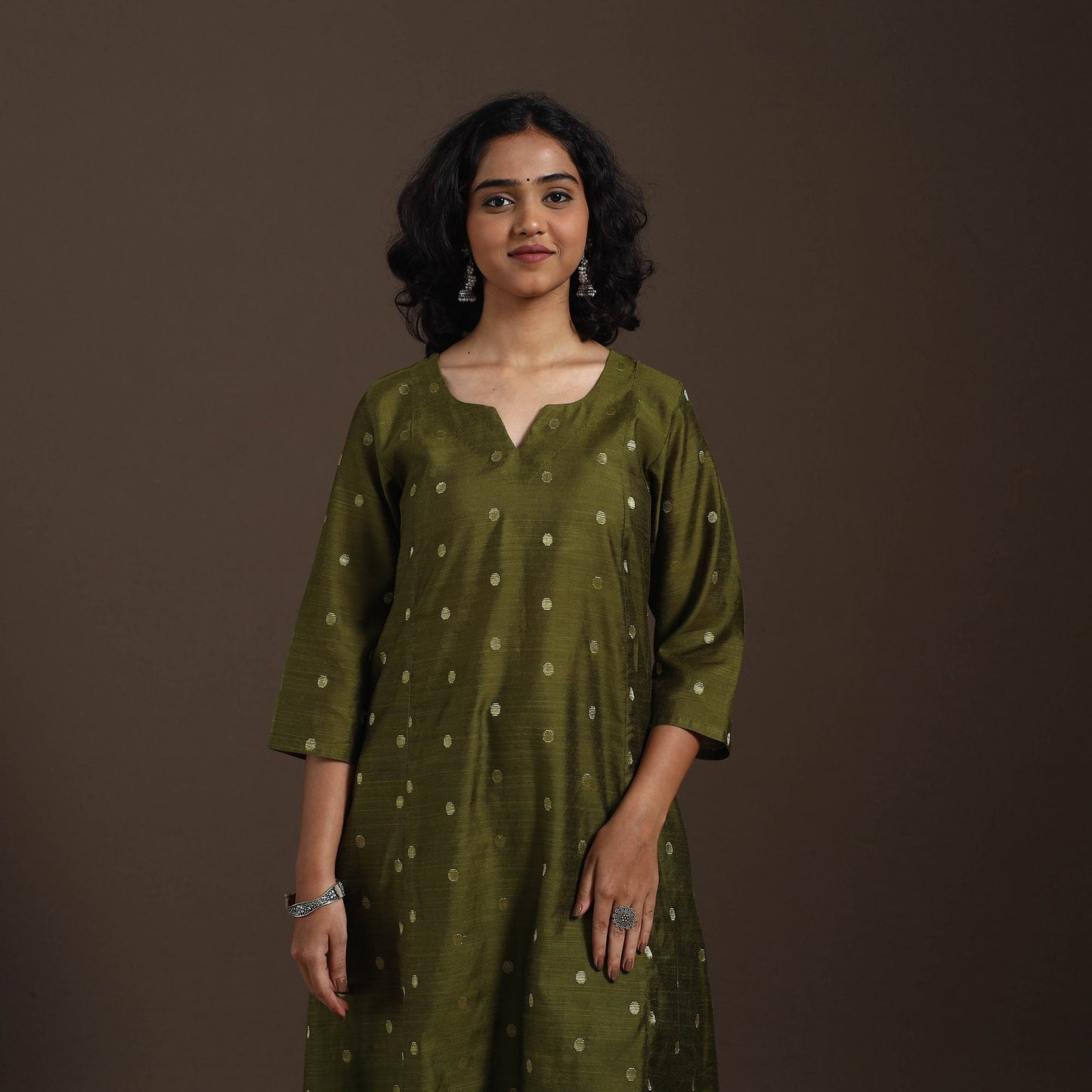 Green Zari Buti A-Line Spun Dupion Silk Kurta Set (Set of 2)
