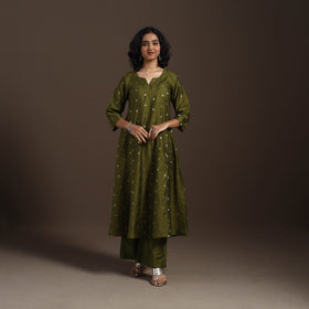Green Zari Buti A-Line Spun Dupion Silk Kurta Set (Set of 2)