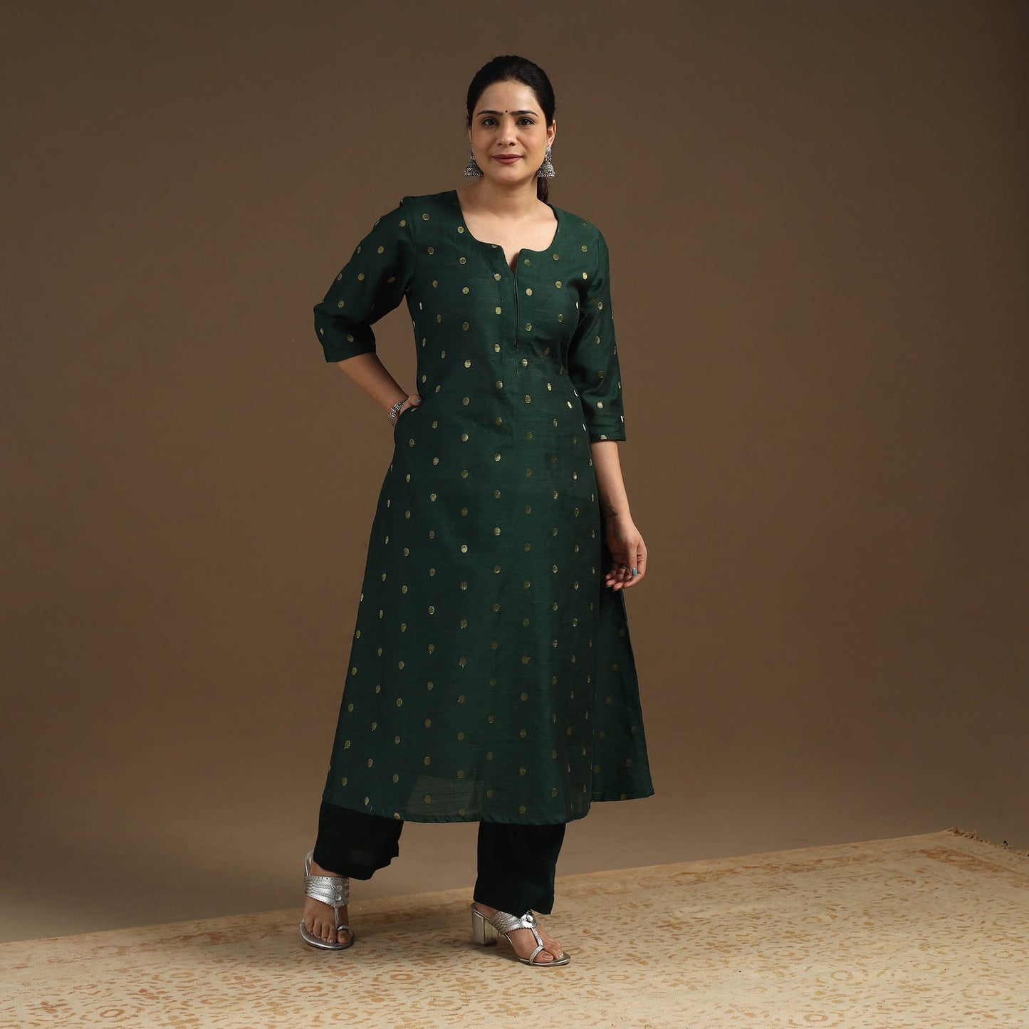 Green Zari Buti Spun Dupion Silk Kurta Set for Women