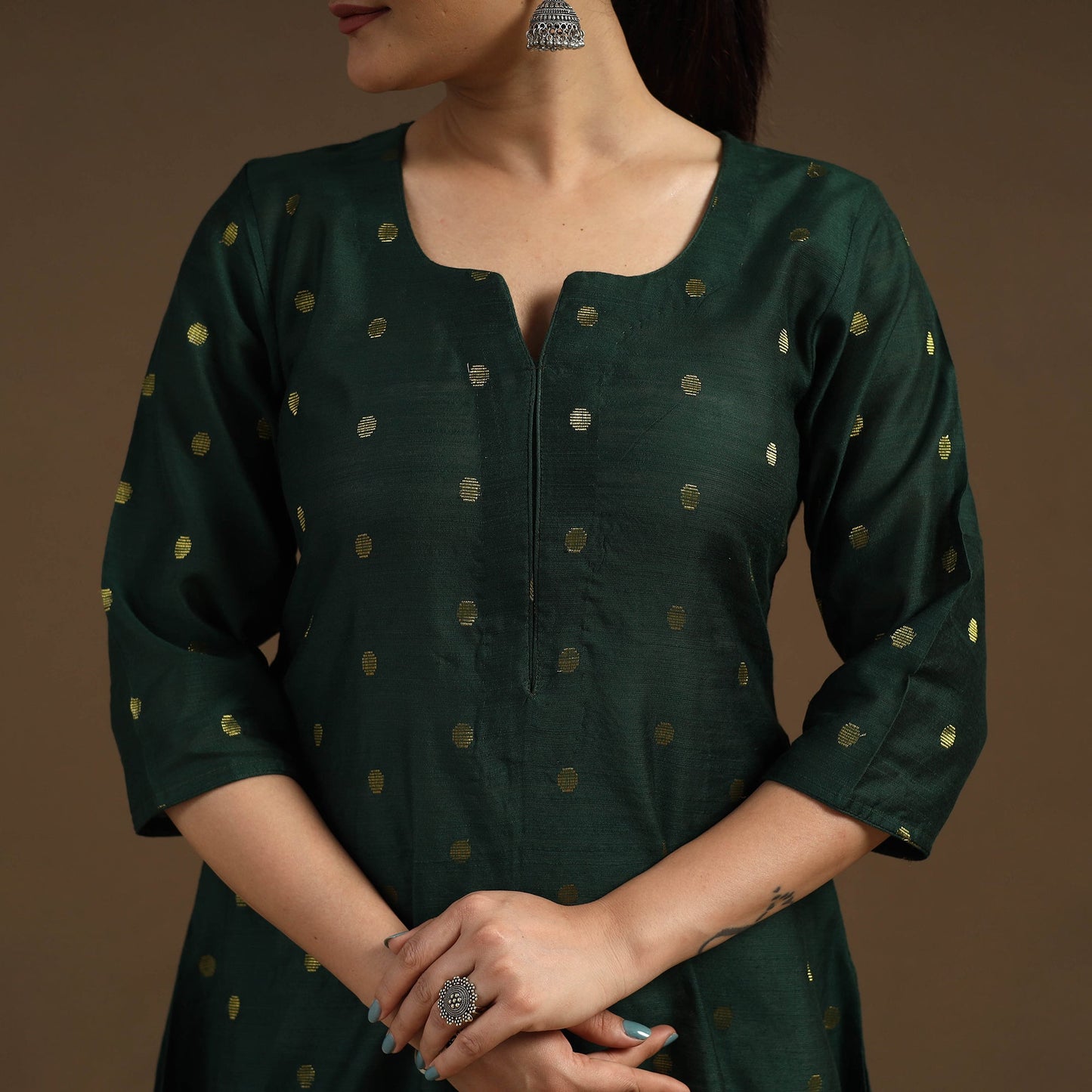 Green Zari Buti Spun Dupion Silk Kurta Set for Women