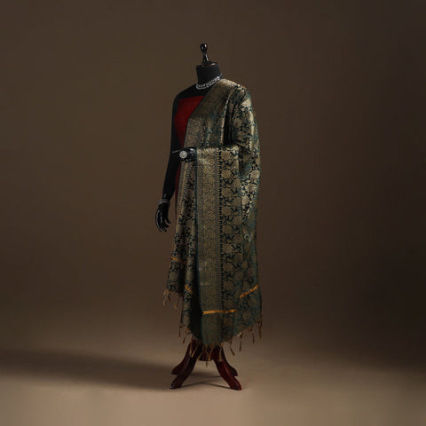 Green - zari work banarasi silk dupatta 01 - handcrafted