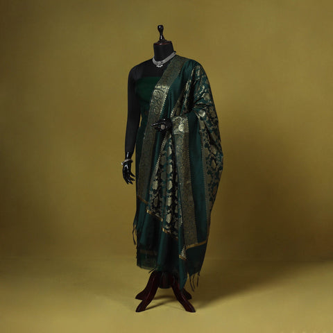 Green - zari work banarasi silk dupatta 04 - handcrafted