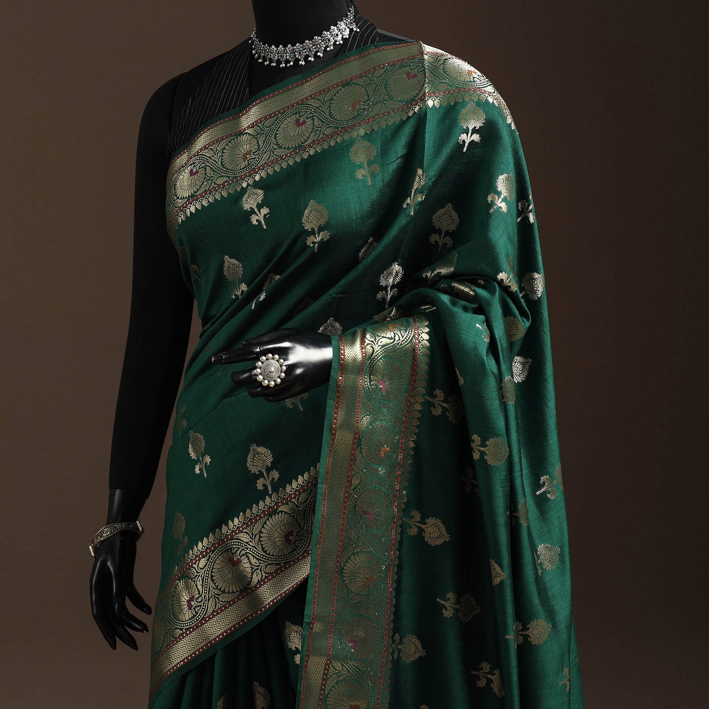 Green - zari work chiniya silk banarasi saree 09