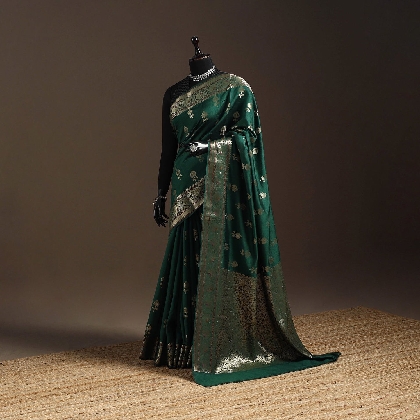 Green - zari work chiniya silk banarasi saree 09