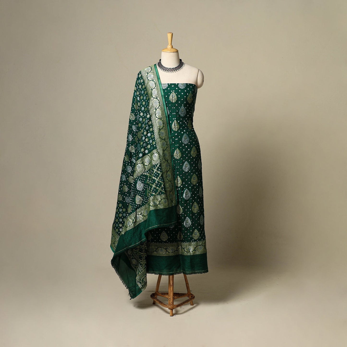 Green - zari work dupion silk 3pc unstitched bandhani dress