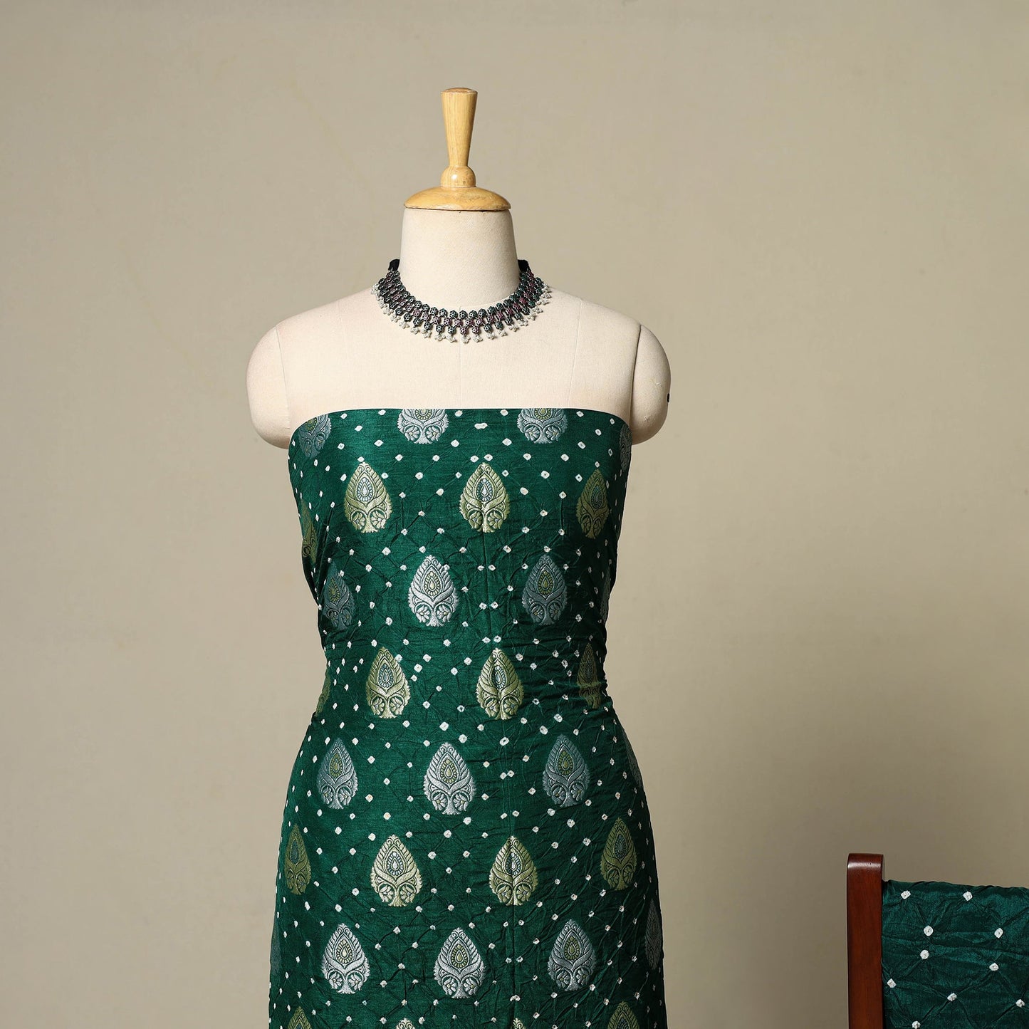 Green - zari work dupion silk 3pc unstitched bandhani dress