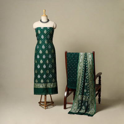 Green - zari work dupion silk 3pc unstitched bandhani dress