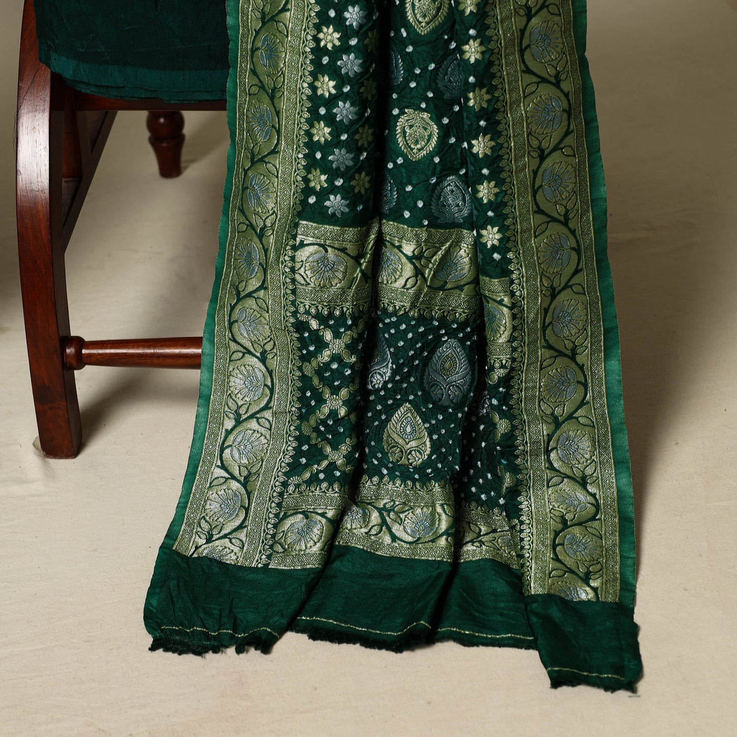 Green - zari work dupion silk 3pc unstitched bandhani dress