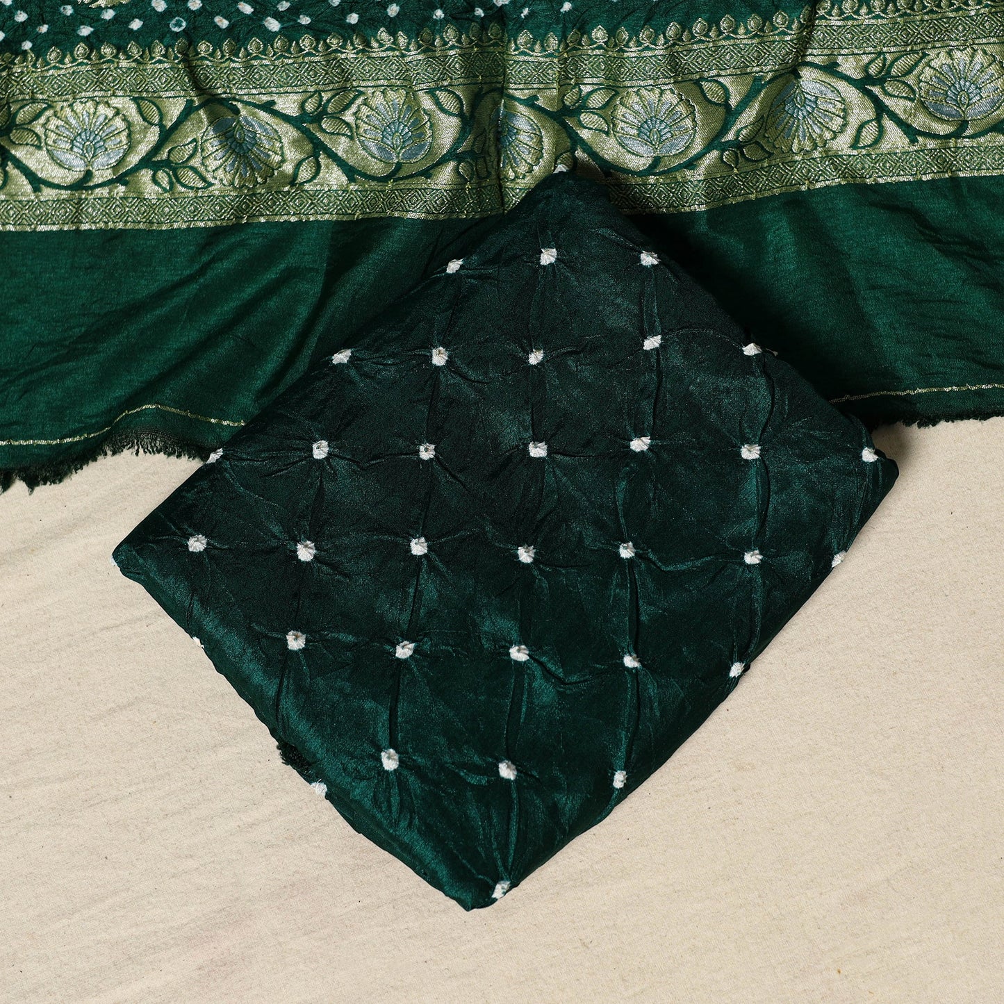 Green - zari work dupion silk 3pc unstitched bandhani dress