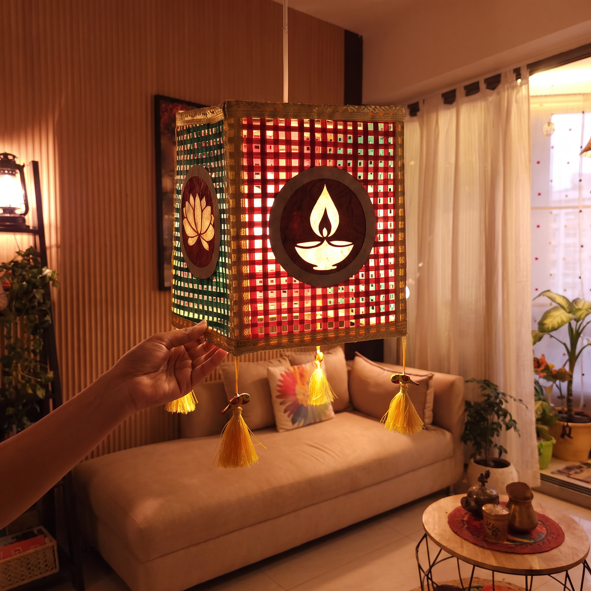 Greenkraft Diya Handcrafted Bamboo Lantern for Home Decor, lit in a home in the evening, AI visual of the light, iTokri