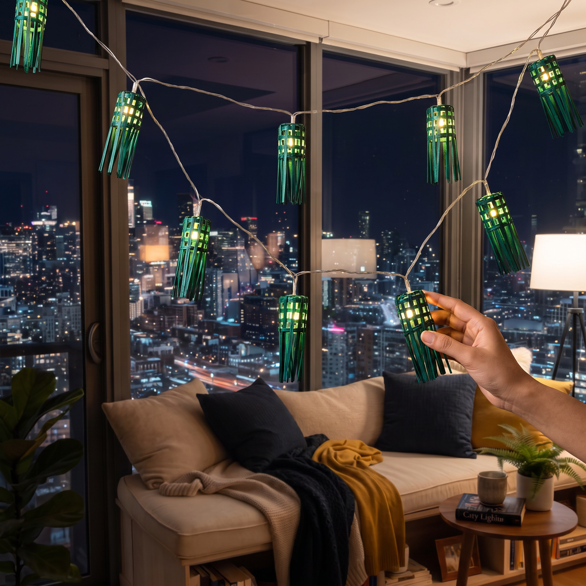 Greenkraft Frill Handcrafted Bamboo String Light (3M), lit in a home in the evening, AI visual of the light, iTokri