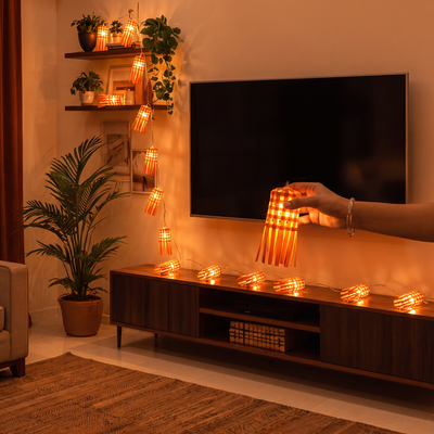 Greenkraft Frill Handcrafted Bamboo String Light (3M), lit in a home in the evening, AI visual of the light, iTokri