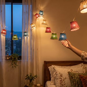 Greenkraft Frill Handcrafted Bamboo String Light (3M), lit in a home in the evening, AI visual of the light, iTokri