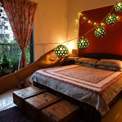 Greenkraft Full Moon Handcrafted Bamboo String Light (3M), lit in a home in the evening, AI visual of the light, iTokri