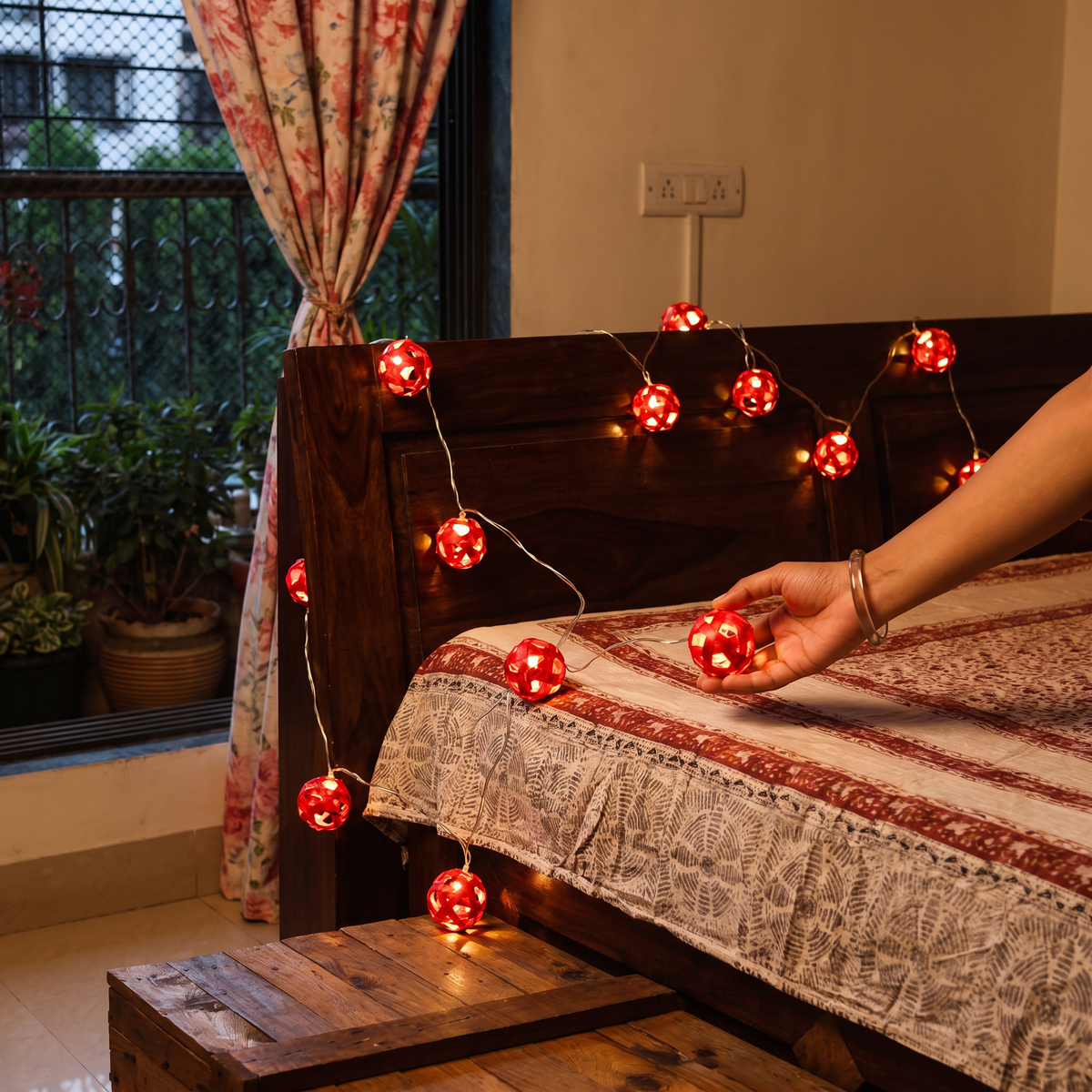 Greenkraft Full Moon Handcrafted Bamboo String Light (3M), lit in a home in the evening, AI visual of the light, iTokri