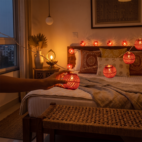 Greenkraft Full Moon Handcrafted Bamboo String Light (3M), lit in a home in the evening, AI visual of the light, iTokri