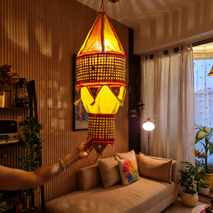 Greenkraft Ghoomar Handcrafted Bamboo Lantern for Home Decor, lit in a home in the evening, AI visual of the light, iTokri