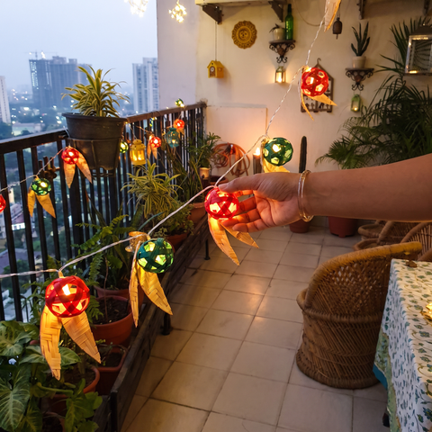 Greenkraft Handcrafted Bamboo String Light (3M), lit in a home in the evening, AI visual of the light, iTokri