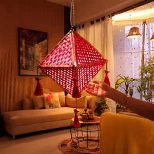 Greenkraft Jhoomar Handcrafted Bamboo Lantern for Home Decor, lit in a home in the evening, AI visual of the light, iTokri