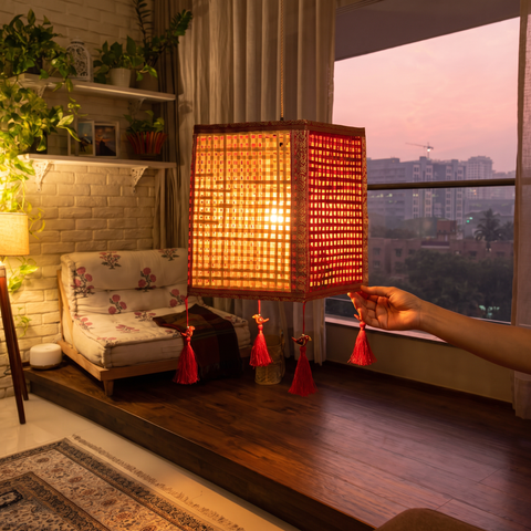 Greenkraft Leela Handcrafted Bamboo Lantern for Home Decor, lit in a home in the evening, AI visual of the light, iTokri
