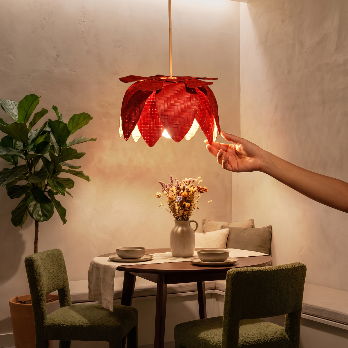 Greenkraft Lotus Handcrafted Bamboo Lantern for Home Decor, lit in a home in the evening, AI visual of the light, iTokri