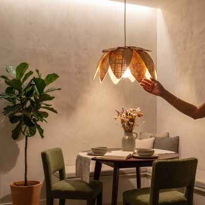 Greenkraft Lotus Handcrafted Bamboo Lantern for Home Decor, lit in a home in the evening, AI visual of the light, iTokri