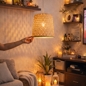 Greenkraft Lurelle Handcrafted Bamboo Lampshade for Home Decor, lit in a home in the evening, AI visual of the light, iTokri